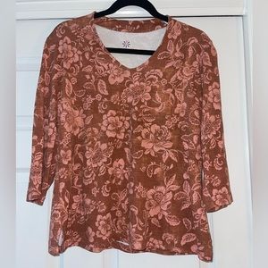 Isaac Mizrahi Live! Printed Pima Cotton V-Neck Top 3/4 Sleeve Latte Floral